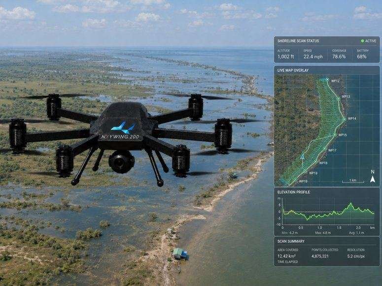 NXYWING 200 flying over coastal shoreline with live mission overlay showing altitude, speed, coverage, battery, waypoint map, and elevation profile