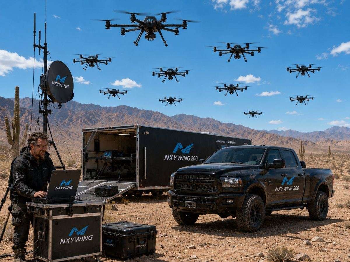 NXYWING fleet operations with command trailer, satellite dish, and drone swarm